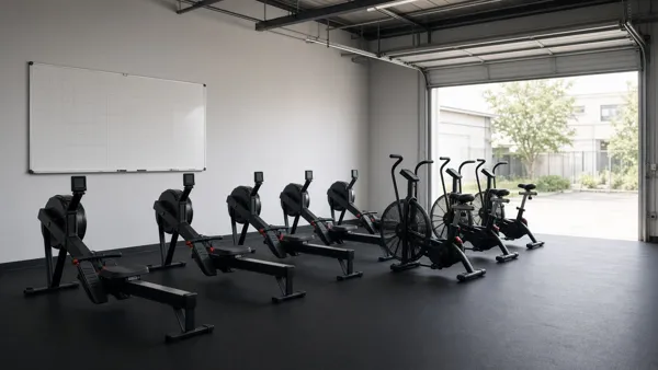 Rudergeräte und Air Bikes am offenen Rolltor